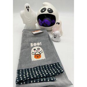 Ghost Themed Ceramic Candy Dish,Towel, Plastic Ghost Decor, Toy Halloween Lot